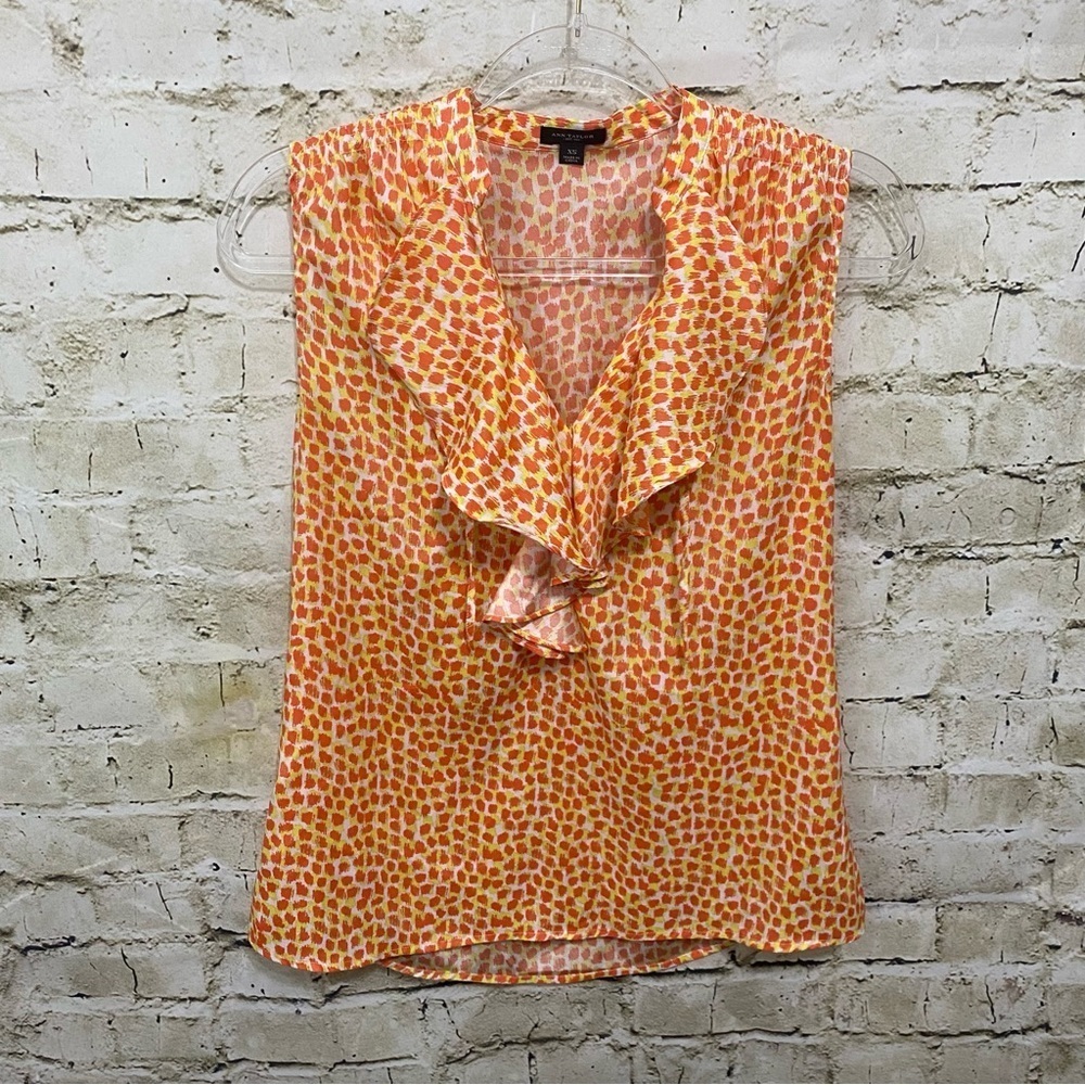 Ann Taylor Orange Yellow Printed Ruffle V Neck Sleeveless Top